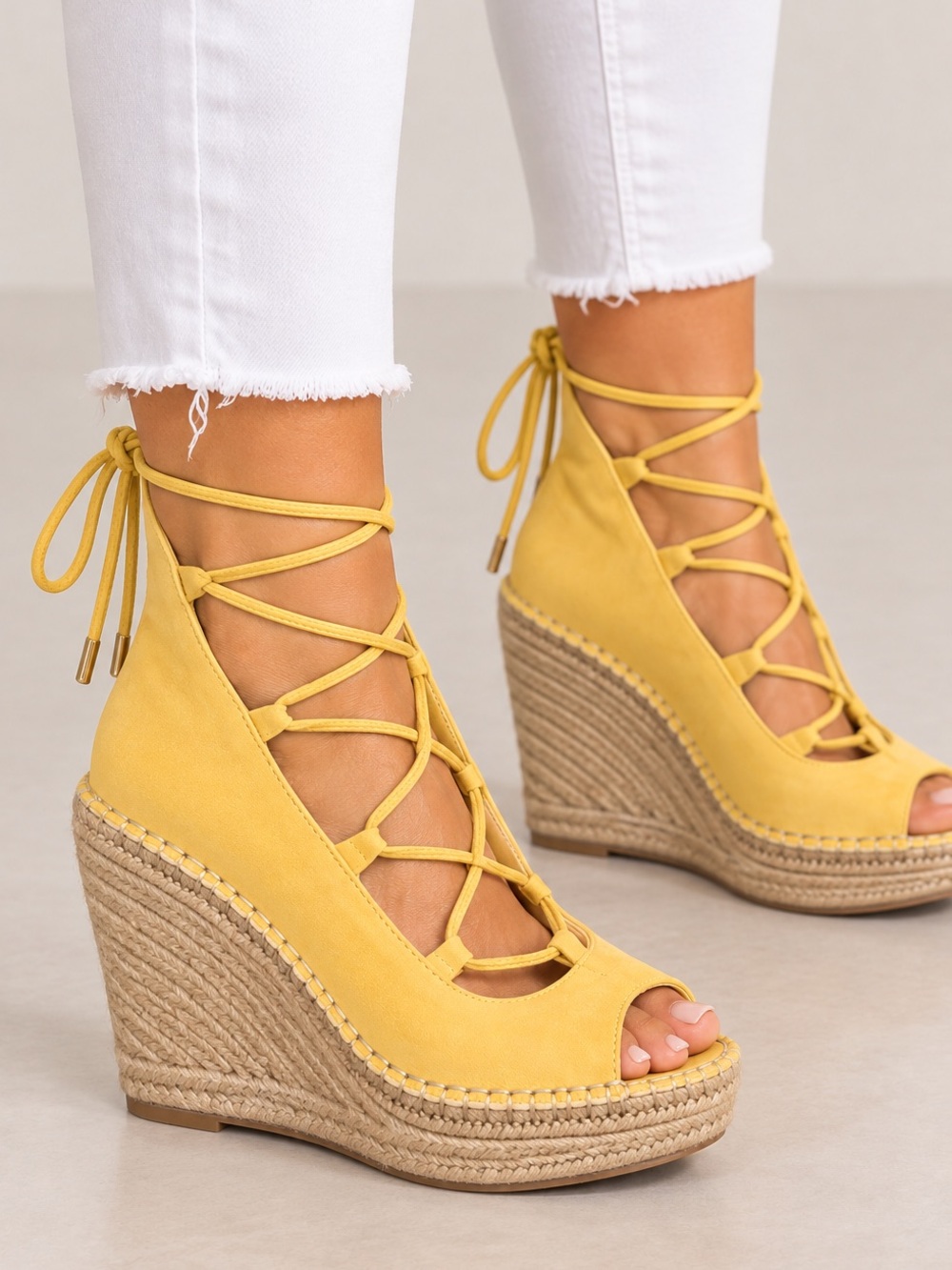 ShoeDazzle Yellow Lace-Up Espadrille Wedge Sandals Boho Summer Heels